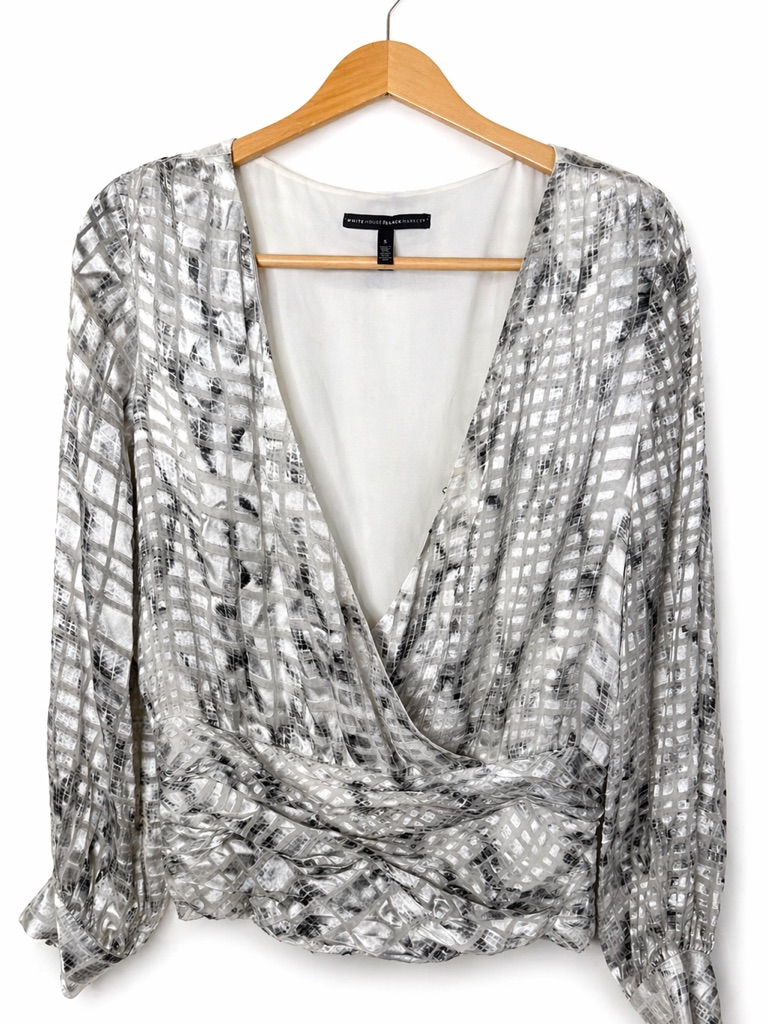 White House Black Market Silver Faux Wrap Blouse Small Metallic Sheer Chic